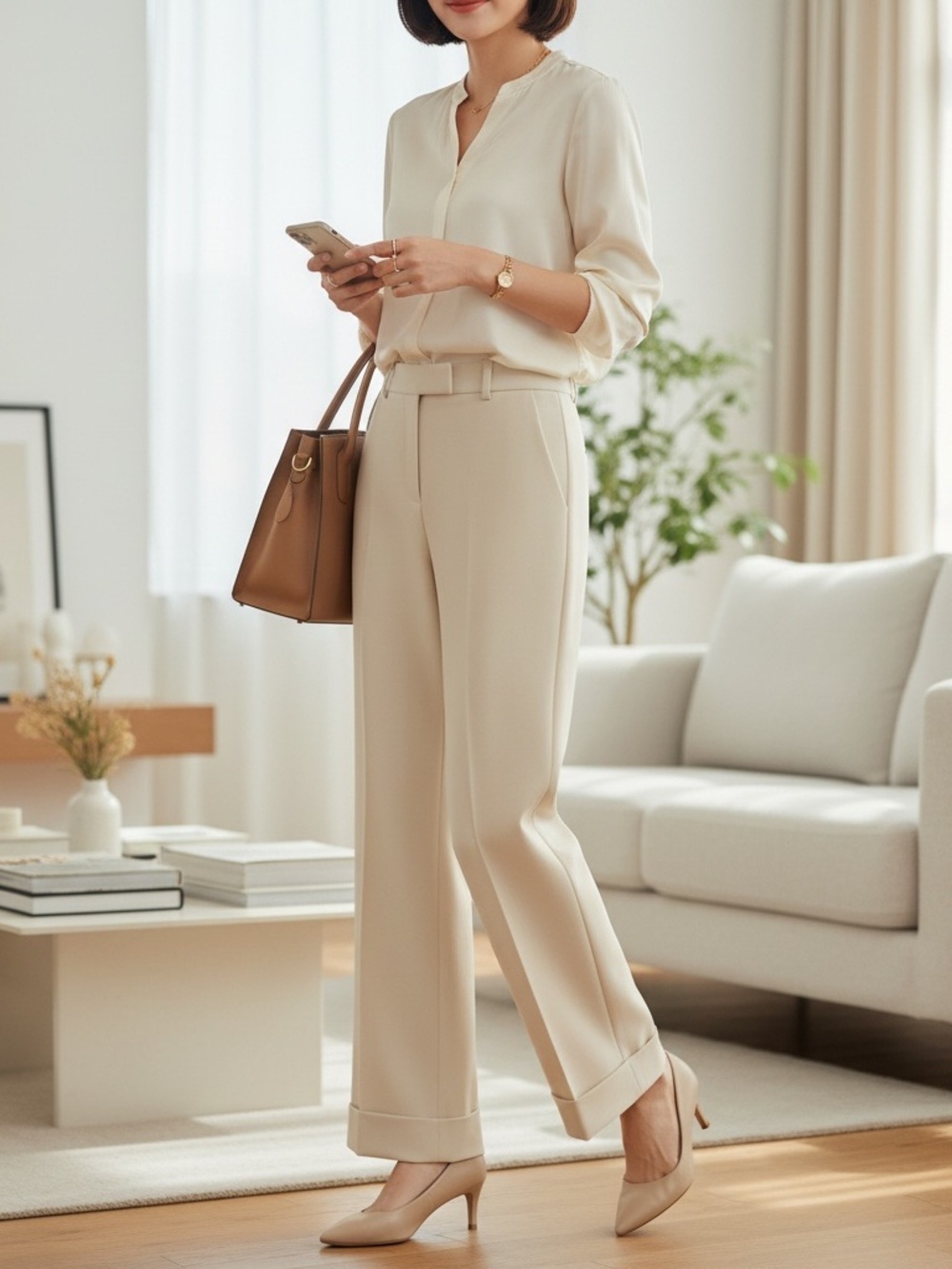 Moda International Cream Wide-Leg Trousers